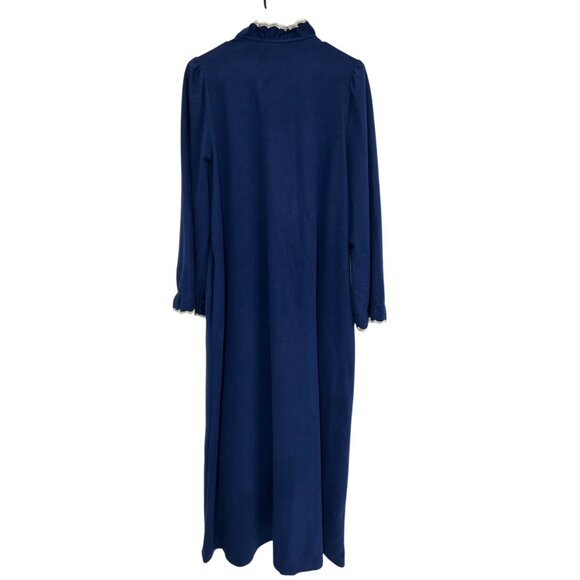 Vintage Navy Blue Ultra Plush Long Nightgown White Lace Details Ruffle Trim Sz M - Picture 2 of 10